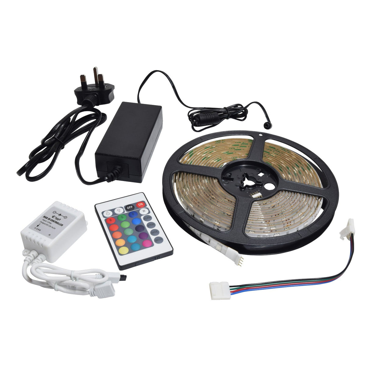 The LYYT 12V LED Strip Light 5m - RGB includes a power adapter, colorful button remote control, and connecting cables. The strip is coiled on a black reel and features weatherproof protection along with a self-adhesive backing for easy installation.