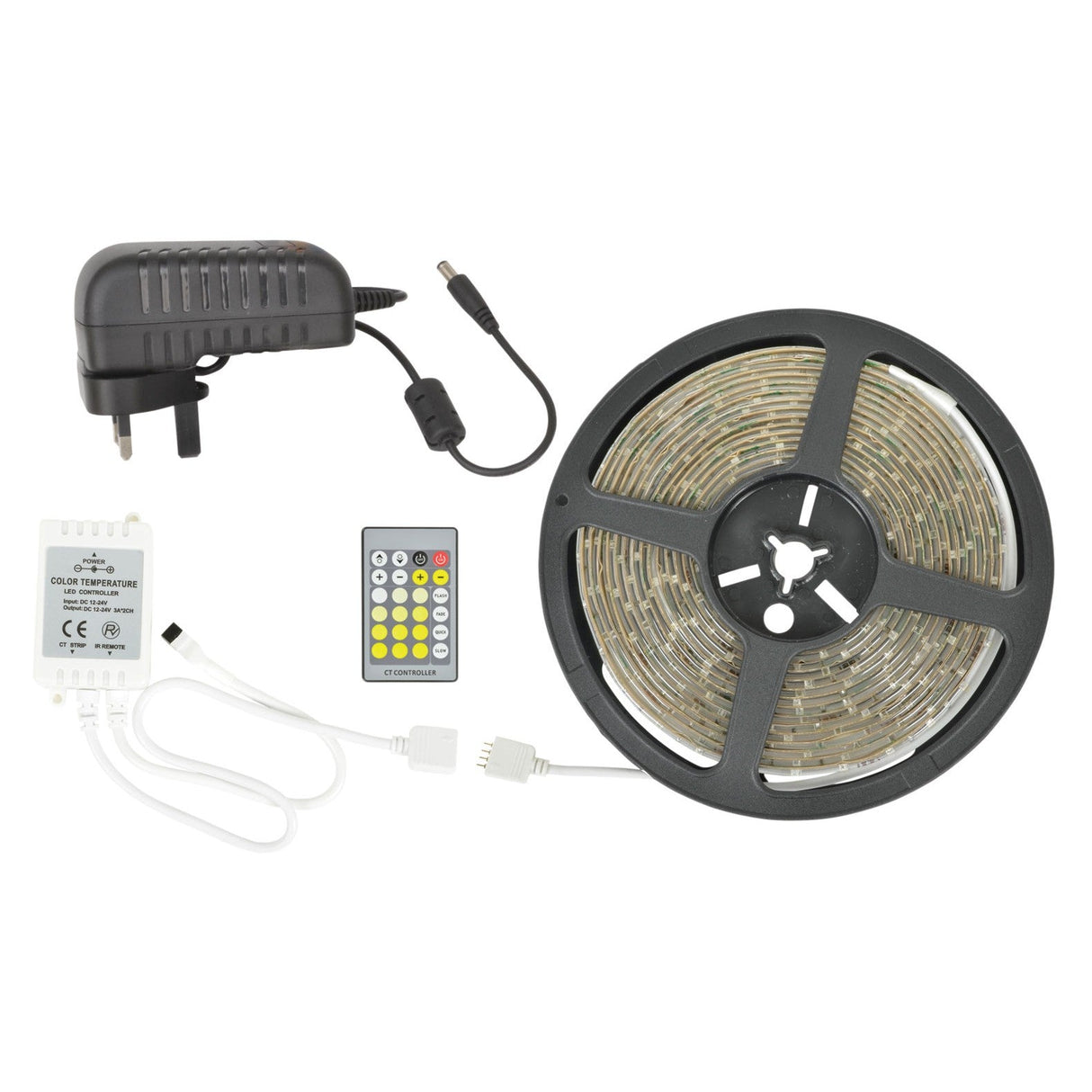 The LYYT 12V DIY IP65 LED Strip Kit 5m - 3000K To 6000K includes an IP65 rated, self-adhesive LED tape, a remote control with various buttons, a power adapter, and a controller unit with connecting cables.