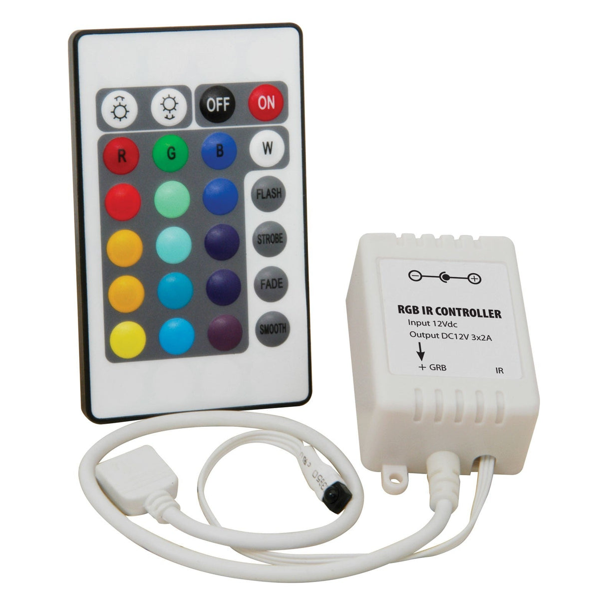 The LYYT RGB Controller For LED Strip With IR Remote Control features a lively remote with vivid buttons, each labeled for lighting modes like flash, strobe, fade, and smooth. It integrates effortlessly with an RGB controller and accompanying cables. Ideal for LED tape setups, it offers easy power and color selection options to elevate your ambiance.