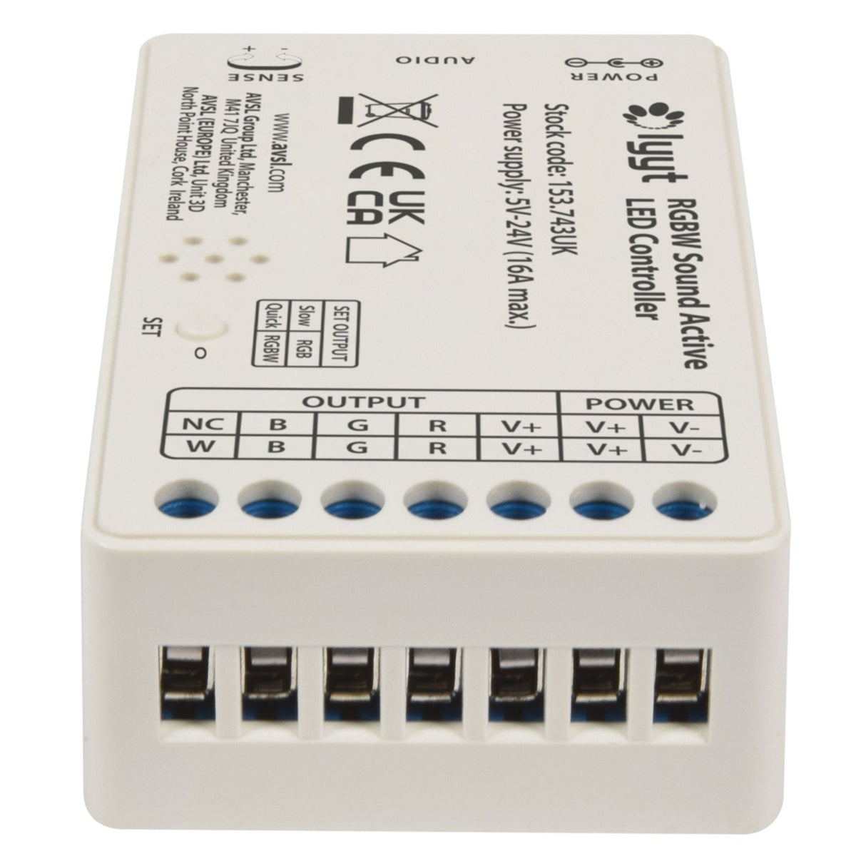 A close-up of the LYYT RGBW LED Strip Sound Active Controller showcases multiple ports for wiring, power specifications (5-24V, 16A max), certification logos, and website information. It features sound-activated sequences and a sleek white casing with text labels that provide clear guidance on outputs and power management.