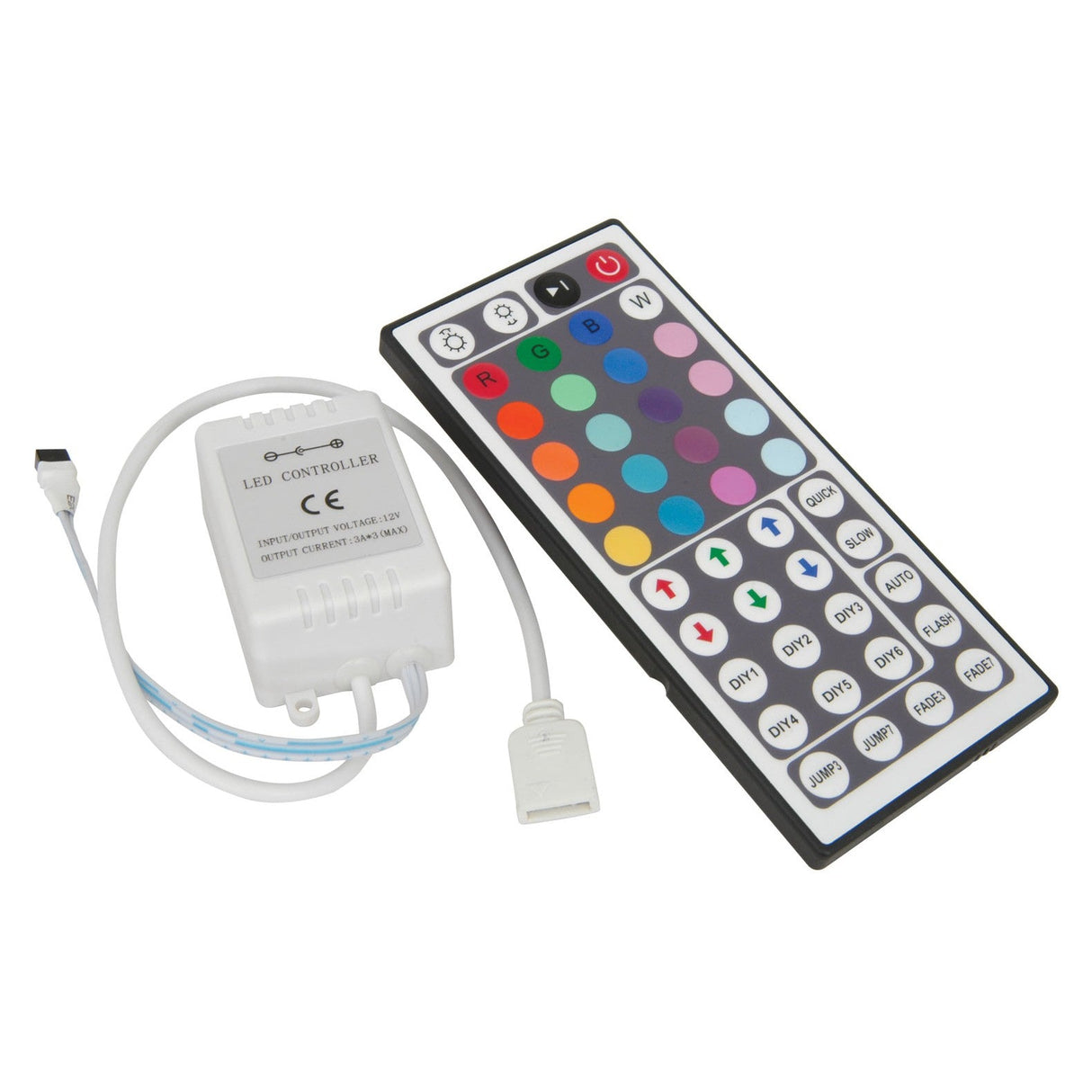 The LYYT RGB Tape Controller With 44 Key Multi Function IR Remote, featuring a multicolored remote and various buttons, is accompanied by a compact white controller unit with a cable and connector, making it ideal for managing your LED tape.