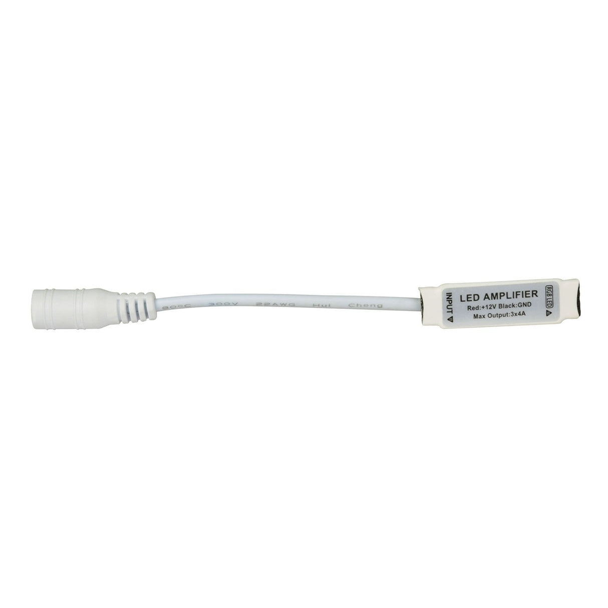 The LYYT In-Line RGB LED Strip Amplifier With DC Socket is a compact and miniature in-line repeater designed for easy connection to RGB LED tape. It comes in white and includes input and output connectors on either end, providing compatibility with 5-24Vdc systems. The label indicates: LED Amplifier, R+G+B Input, R+G+B Output, Max Output 9A x3CH.