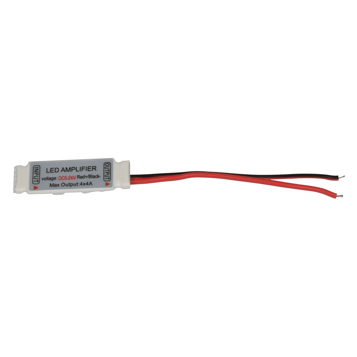The LYYT In-Line RGBW LED Strip Amplifier is a compact device equipped with two red and two black wires for bare wire connections. Its casing clearly displays the specifications for voltage and maximum output, making it perfect for boosting the brightness of your RGBW LED tape setups.