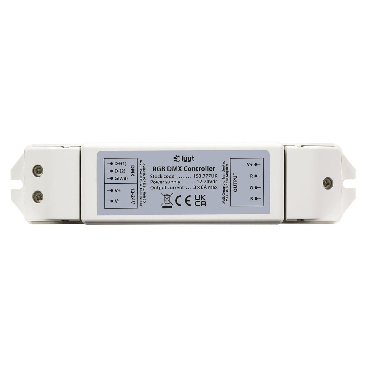 The LYYT 12-24V RGB DMX Controller is a rectangular device featuring multiple wire connection ports labeled for D+, D-, GND, and AC. The label provides details such as stock code, power supply, and output current. This white controller is compatible with DMX512/1990 standards and has mounting holes on both ends for easy installation.