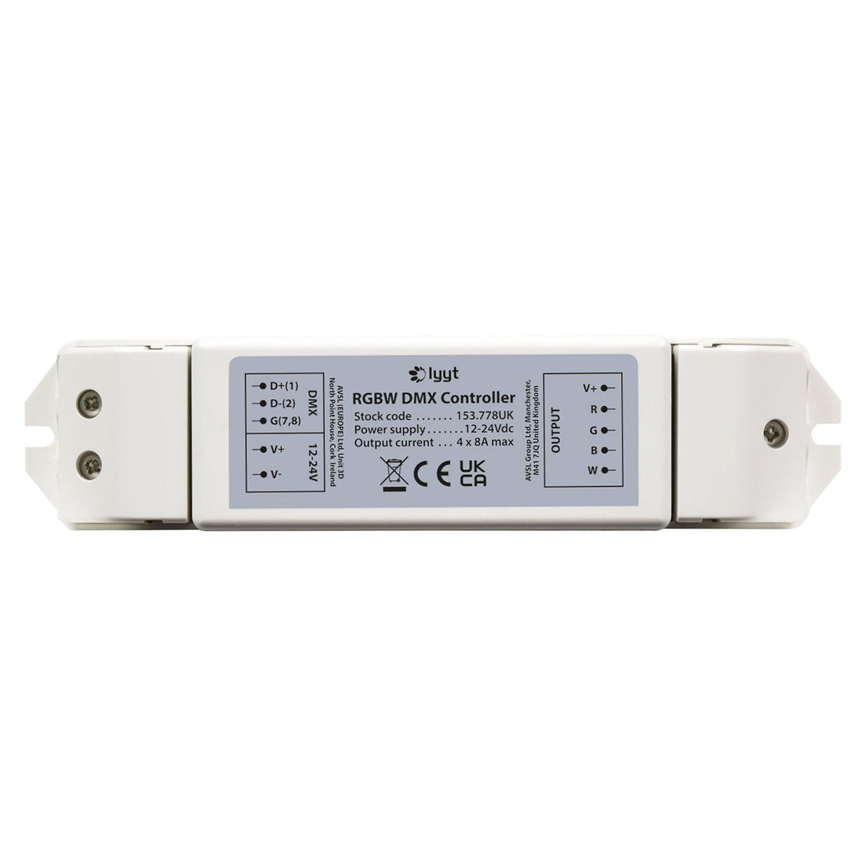 The LYYT 12-24V RGBW DMX Controller is a rectangular decoder compatible with DMX512/1990, featuring labeled terminals for D+, D-, V+, and V-. With a stock code of 153787UK, it supports a power supply of 12-24VDC and provides an output current of 4x8A, making it ideal for use with RGBW LED tape. It is also CE and UKCA marked.