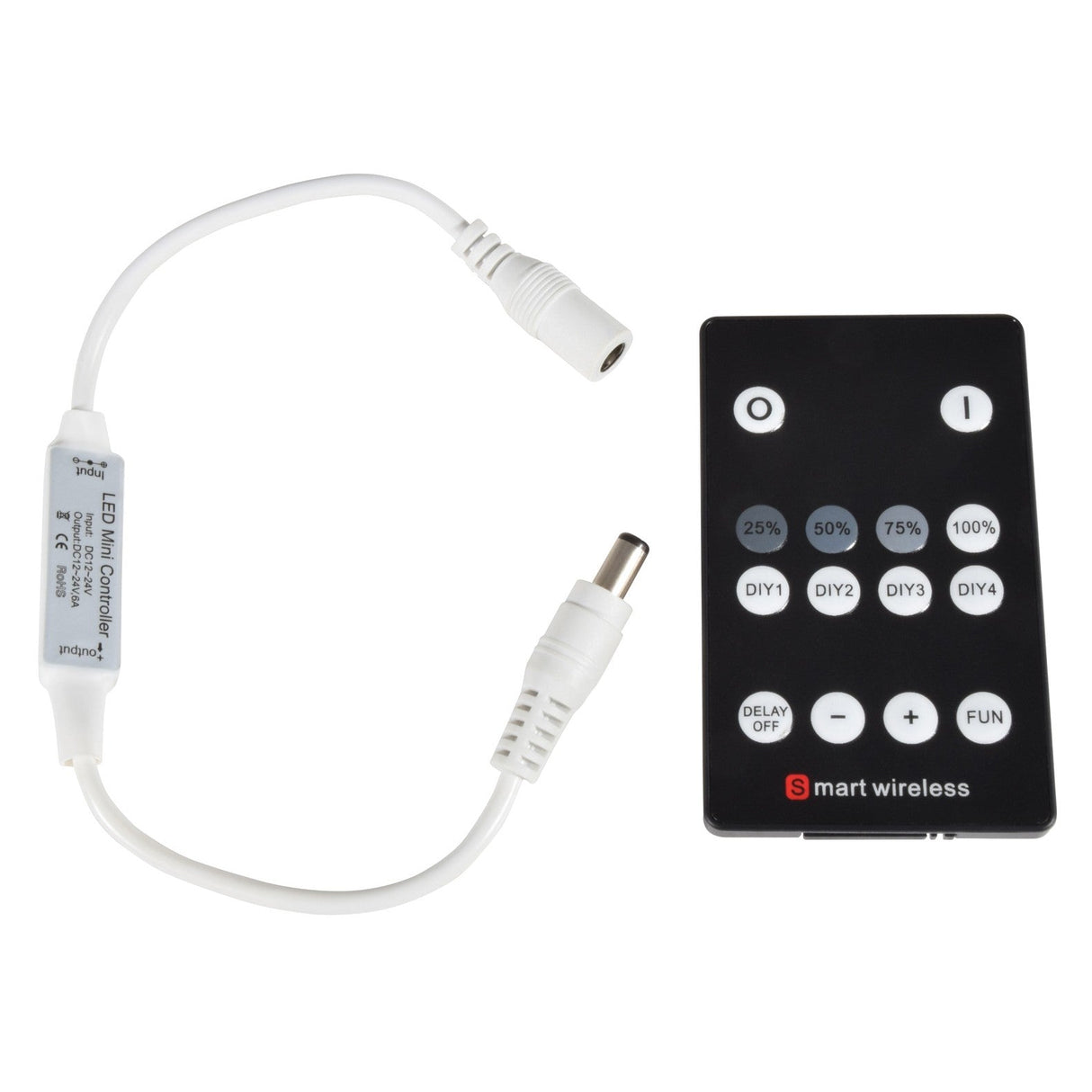The LYYT RF 1-Colour LED Controller set includes mood lighting features and comes with an RF remote control boasting circular buttons labeled with percentages and various functions. It also includes a white cord equipped with a small circuit box, connectors, and a power adapter plug.