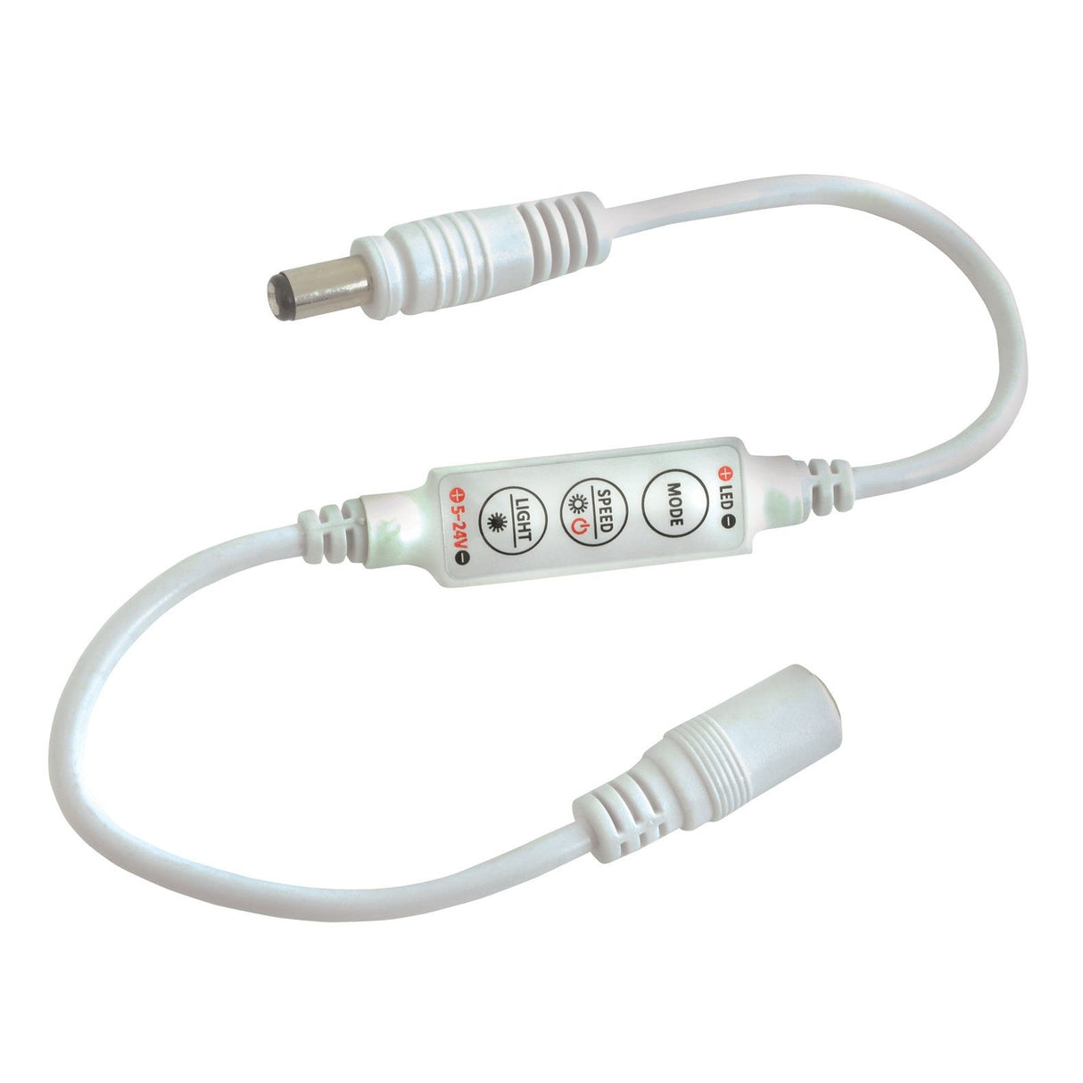 The LYYT Single Colour LED Strip Controller With DC Jacks includes a white LED controller cable equipped with a DC power connector on one end and a receptacle on the other. Ideal for low voltage setups, the central unit features buttons labeled MODE, SPEED, and LIGHT with symbols designed for dimming control to effortlessly adjust lighting settings.