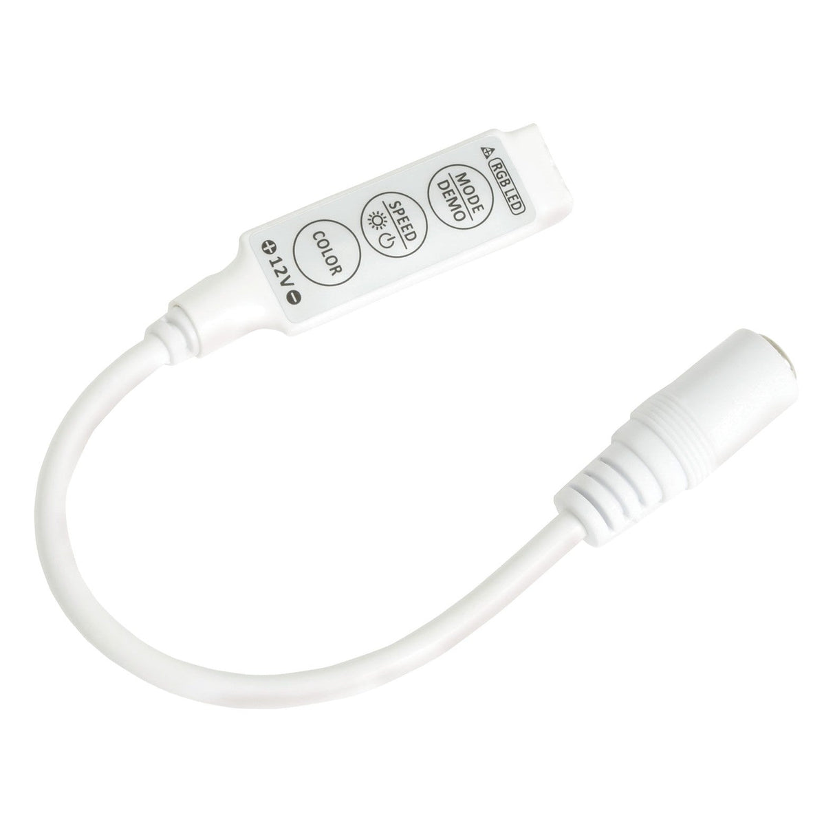 The LYYT RGB LED Strip Controller DC is a compact, low-voltage device in white, equipped with a short cable and connectors on each end. This versatile controller features buttons labeled Color, Speed, and Mode to easily adjust the settings of your RGB LED lights.