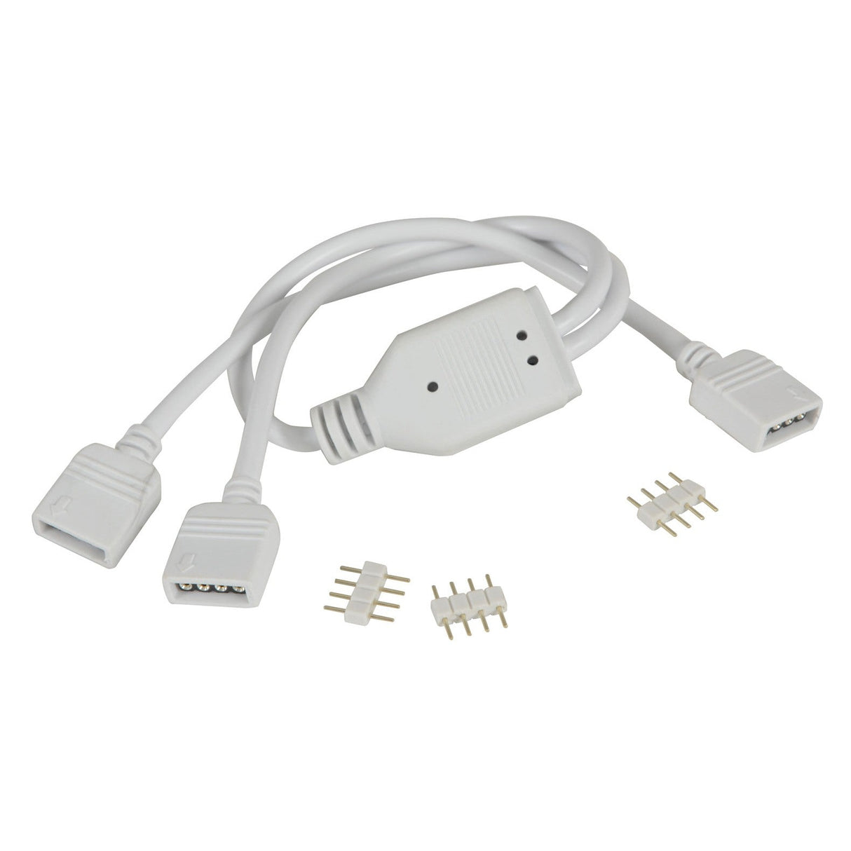 A LYYT RGB LED Strip Y-Splitter Lead featuring a cable with two connecting ports and three small 4-pin connectors, is displayed on a white background.