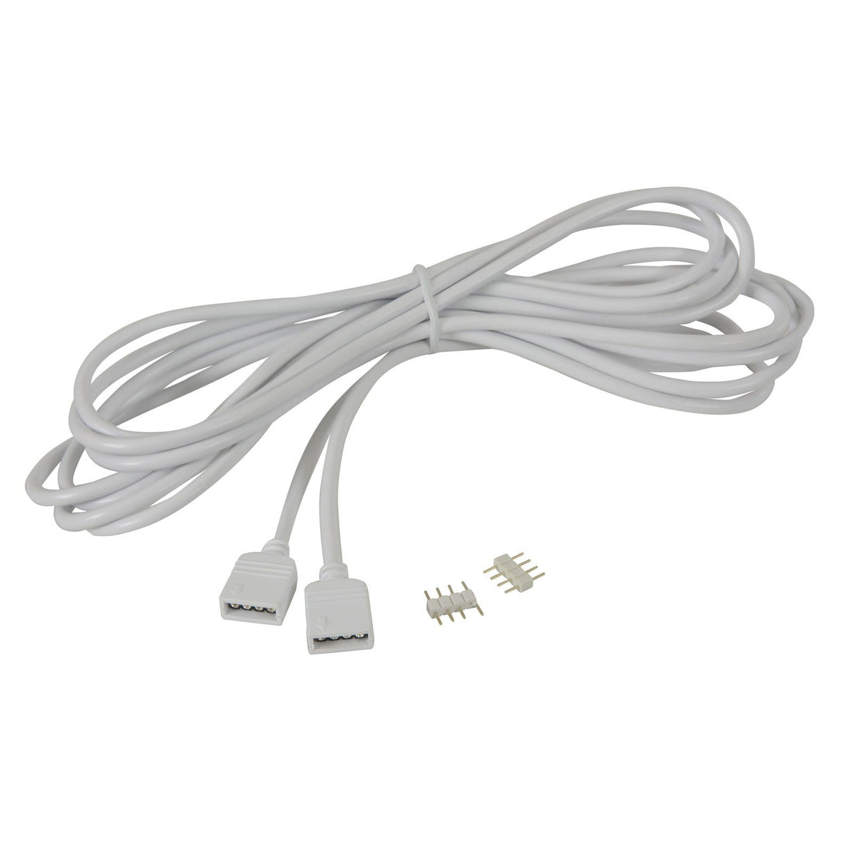 The LYYT RGB LED Strip Extension Lead - 3m is featured coiled on a white background, accompanied by small metallic 4-pin connectors, making it ideal for connecting RGB LED tape or powering an RGB amplifier.