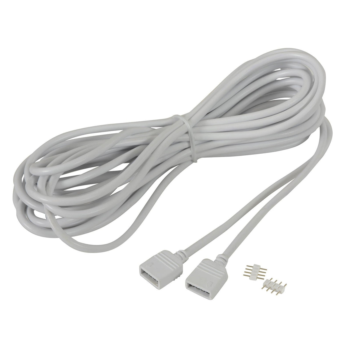 The LYYT RGB LED Strip Extension Lead - 5m is a white flat coiled cable featuring two identical 4-pin connectors at each end, and it comes with a small set of four metal pins, making it ideal for RGB LED tape projects.