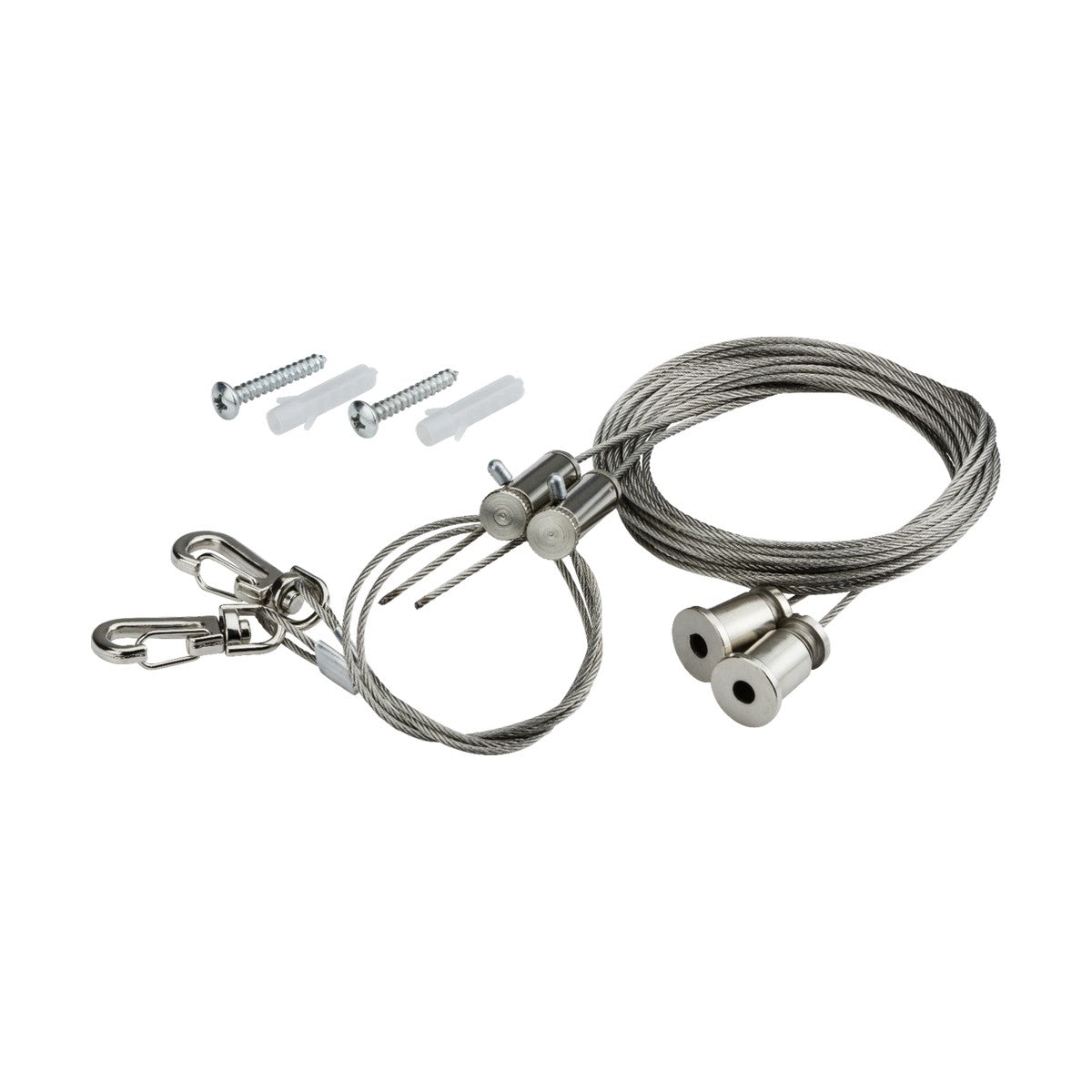 The Torlan Suspension Hanger Accessory is a complete set of metal hanging wire cables with hooks, attachments, screws, and wall plugs, designed for securely suspending objects. This kit is ideal for ensuring reliability in all your hanging needs within the Torlan ranges.