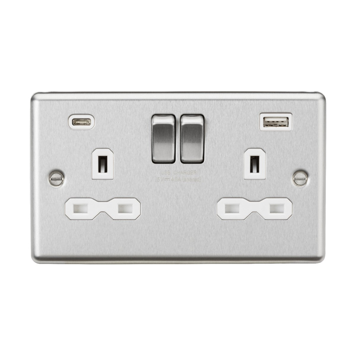 A contemporary 13A 2 Gang SP Switched Socket in brushed chrome showcases a sleek rounded edge design. It includes centered plug sockets with switches located above and dual USB A+C charger ports strategically placed in the top left and top right corners for convenient access.