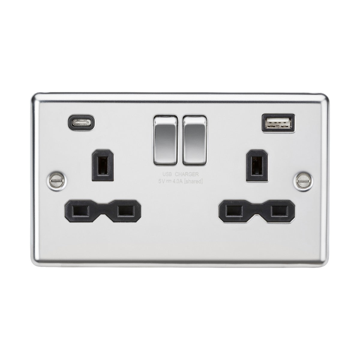 Introducing the 13A 2 Gang SP Switched Socket with Dual USB A+C in Polished Chrome. This electrical wall socket features two plug outlets and a sleek metallic finish. It comes with two centrally located switches, complemented by black inserts and a rounded edge for both functionality and style to enhance any space.