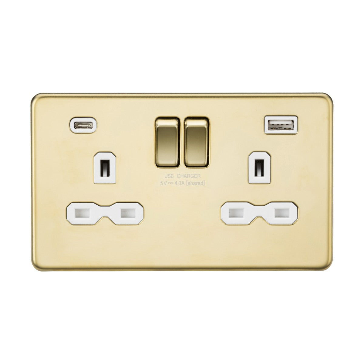 The polished brass 13A 2 Gang SP Switched Socket with Dual USB features a sleek, screwless design and white insert, making it stand out against a white background with its dual USB ports and two power outlets.