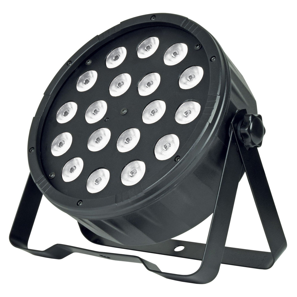 The QTX 18x1W High Power LED Par Can Light - White features 18 circular LEDs on an adjustable stand, angled upward for optimal stage lighting with precise DMX control.