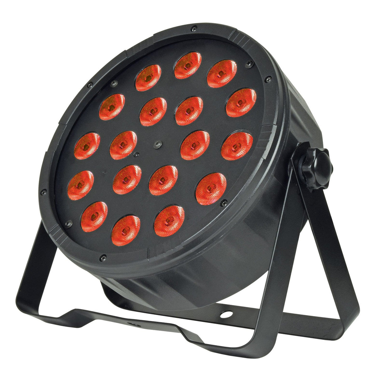 The QTX 18x1.5W High Power LED Par Can Light - RGB features a black housing, 18 bright LEDs, and an adjustable metal stand—perfect for creating vibrant stage lighting effects.