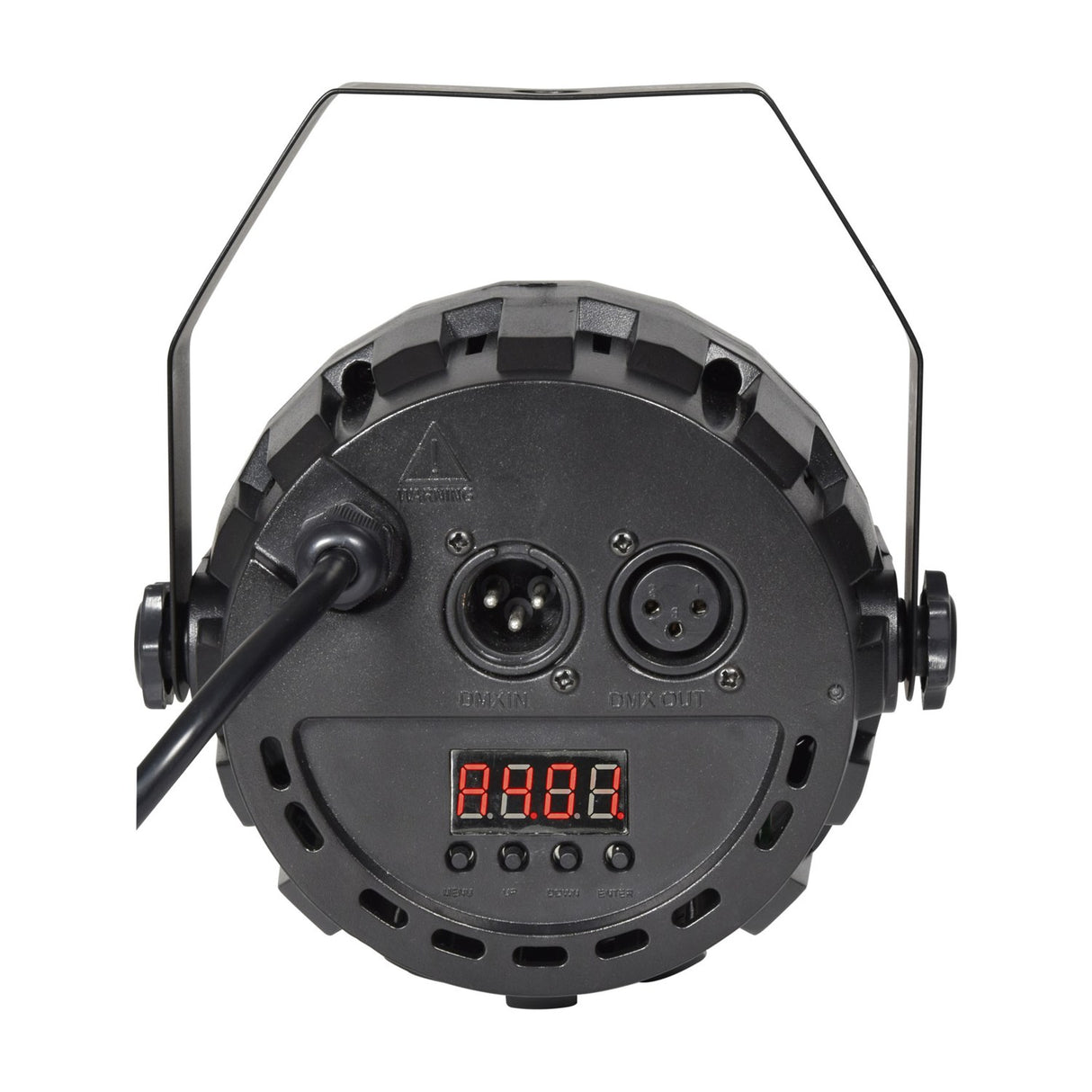 Rear view of the AVSL QTX 3x4W Mini Par Light showing DMX in/out XLR ports, digital display, control buttons, mains lead, and tilt bracket yoke.