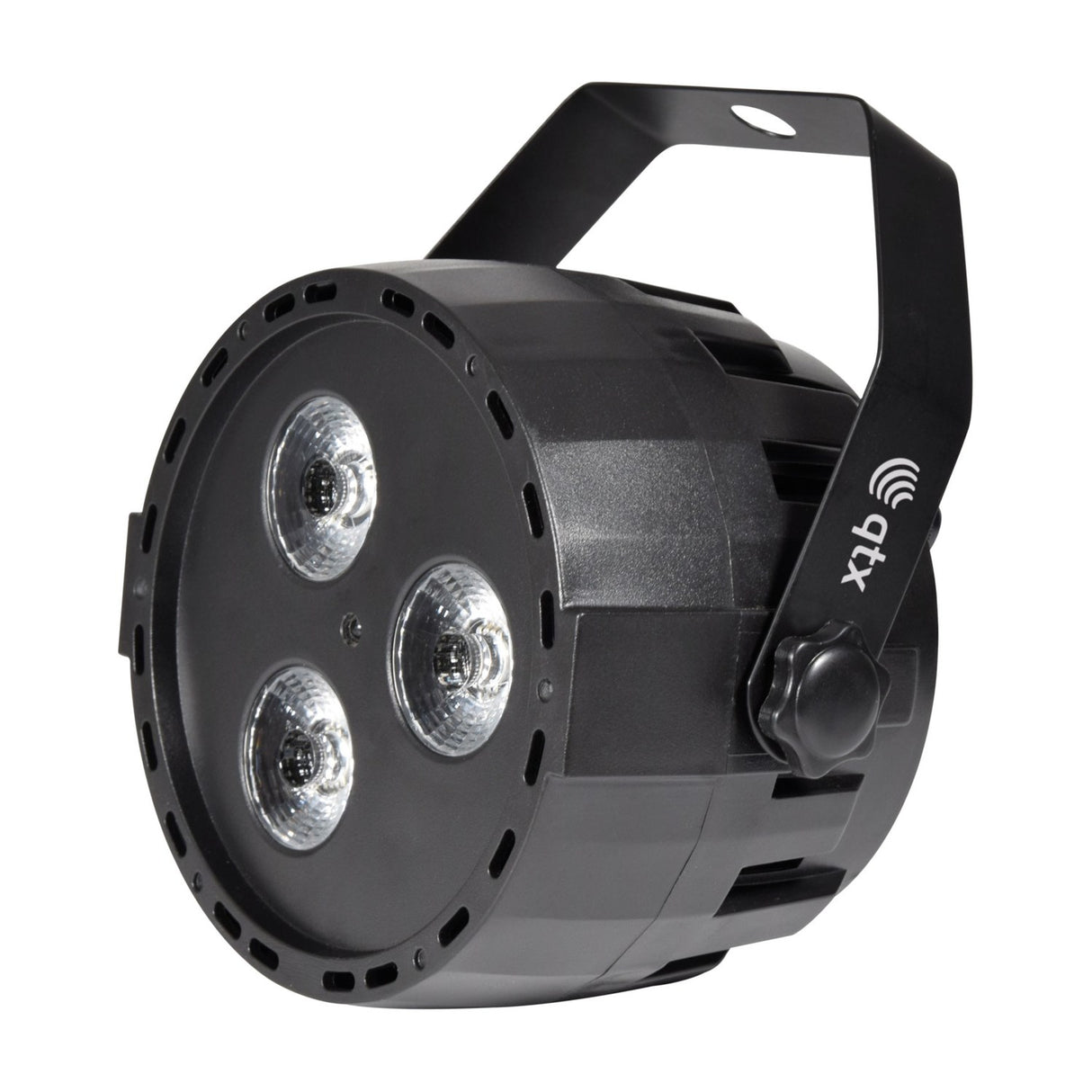 QTX 3x4W Mini Par Light RGBW stage fixture by AVSL with three LED lenses, vented moulded housing and black tilt bracket with thumbscrew.