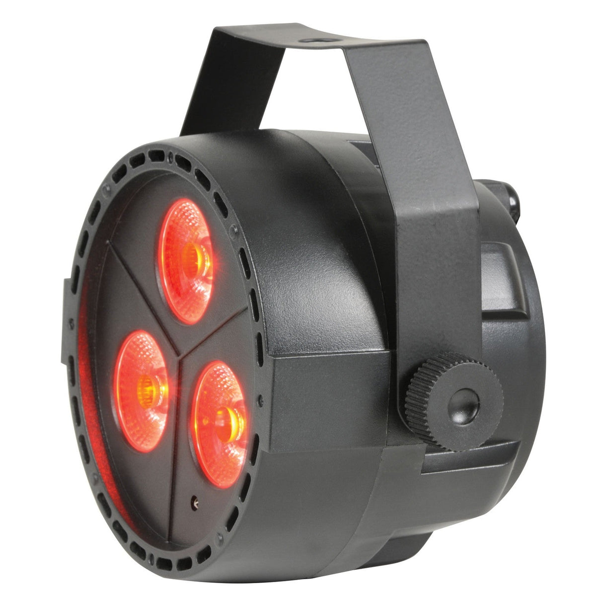 The QTX 3x4W Mini Par Light - RGBW features three forward-facing round RGBW LEDs in a black cylindrical housing with an adjustable top bracket. It supports DMX512, making it ideal for flexible stage lighting control.