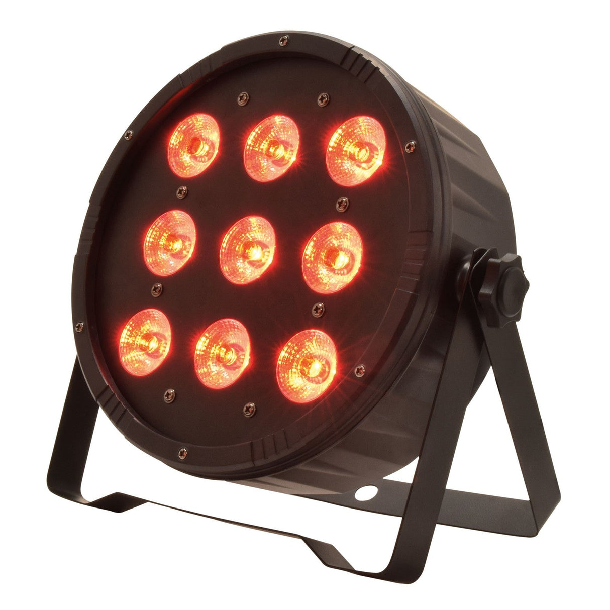 The QTX 9x6W High Power Extra Flat 4-In-1 LED Par Can Light - RGBW features a round black design with nine bright LEDs on an adjustable stand, ideal for dynamic stage lighting with versatile red, green, blue, and white effects.