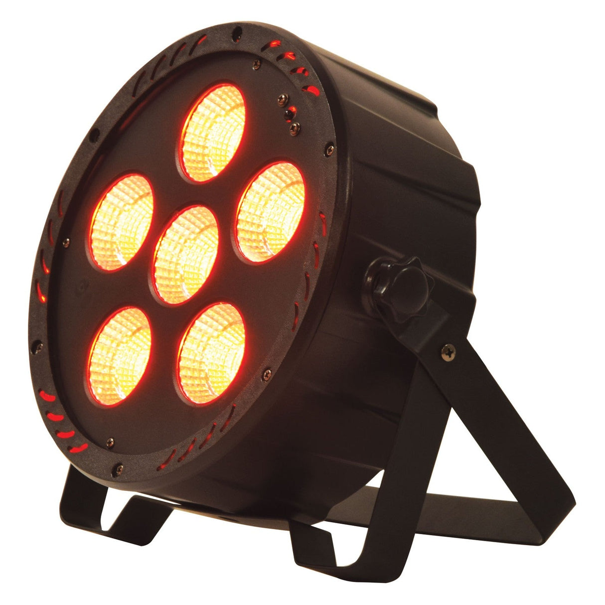 The QTX 6x30W High Power LED Par Can Light with Remote Control features six RGB LEDs in a black housing, mounted on an adjustable metal stand and angled upward, isolated on a white background.