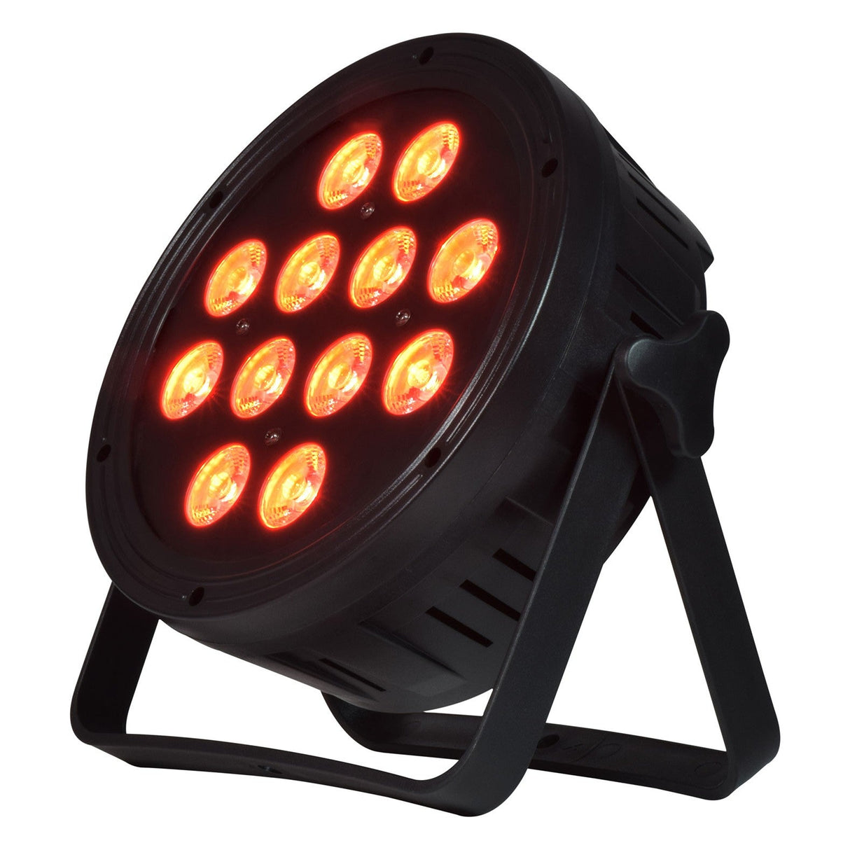 The QTX 12x15W High Power LED Par Can Light With UV - RGBWA features twelve circular bulbs in a black casing, mounted on an adjustable stand, illuminated and angled slightly upward.