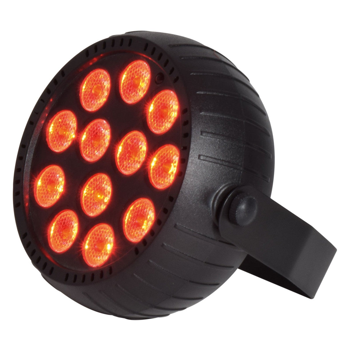 The QTX 12x1.5W Rechargeable Mini LED Par Can Light - RGB, Black is a compact stage light with twelve bright LEDs, an adjustable mounting bracket, wireless operation, and versatile RGB color effects for dynamic setups.