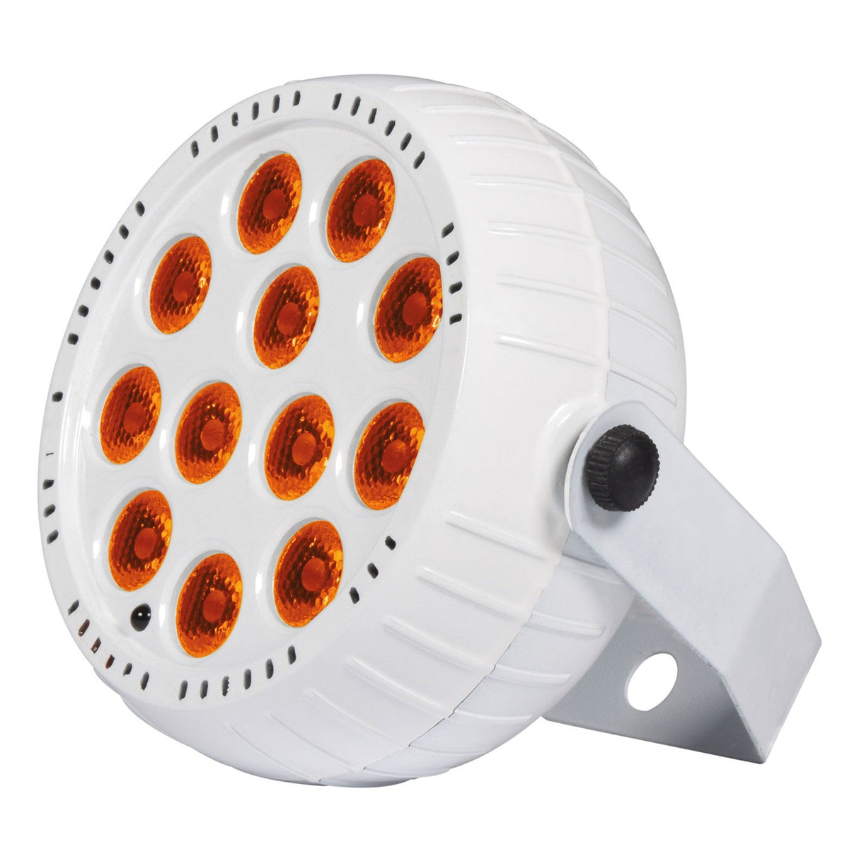The QTX 12x1.5W Rechargeable Mini LED Par Can Light - RGB, White is a round, white stage light with twelve LEDs in a circular array and a metal bracket—perfect for portable event or stage lighting.