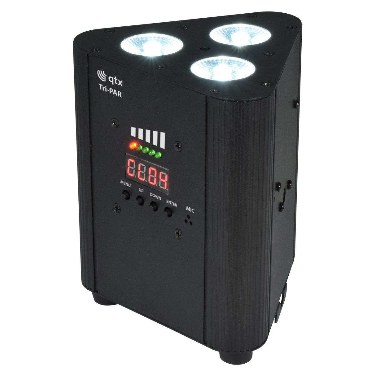 The QTX 3x4W Rechargeable Triple LED Par Uplighter - RGBW is a black triangular stage light with three bright RGBW LEDs, digital display, control buttons, and indicator lights—ideal for wireless uplighting at any event.