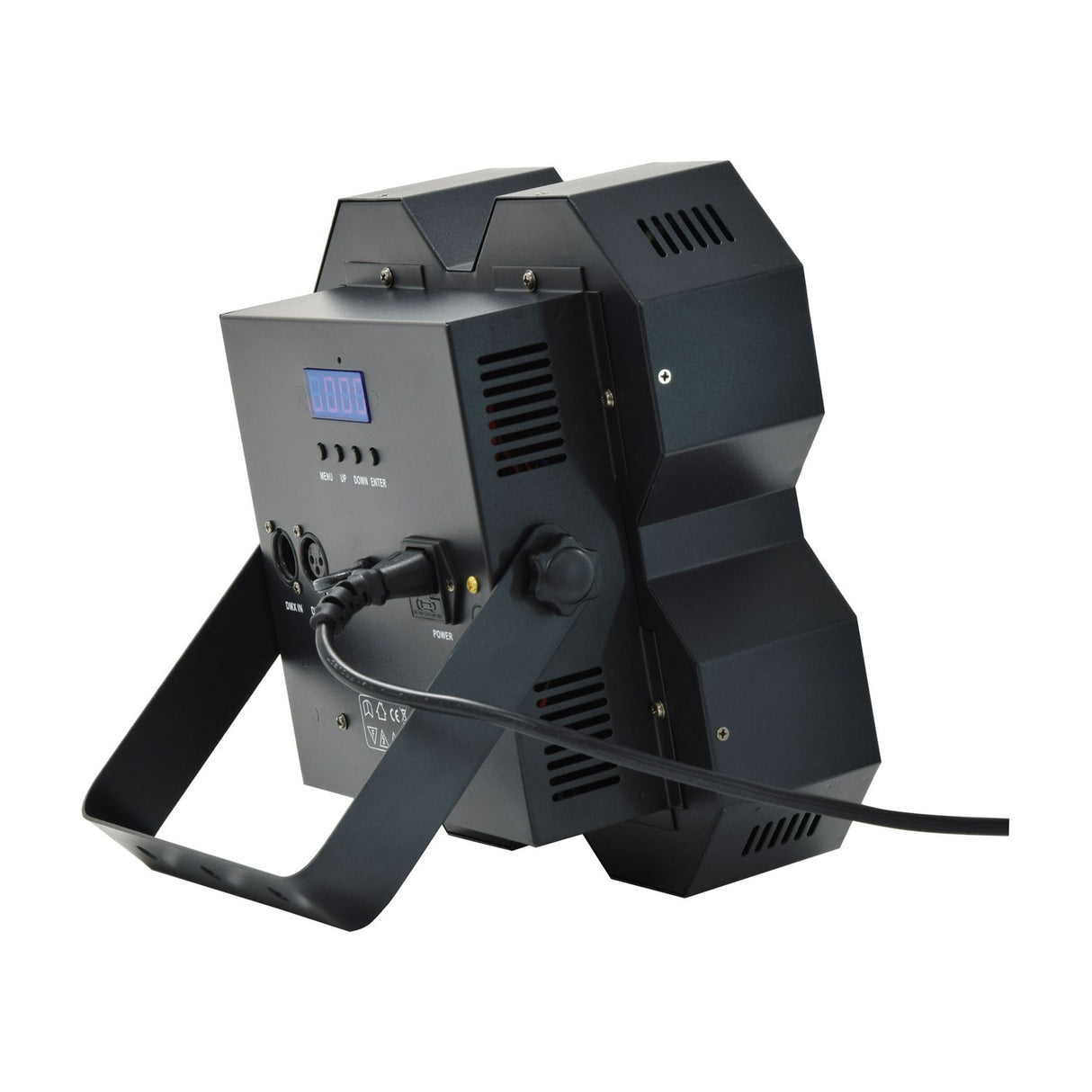 Rear view of the AVSL QTX 4x50W LED wash light in matt black metal, showing DMX inlet, IEC power connector, LED display and menu controls.
