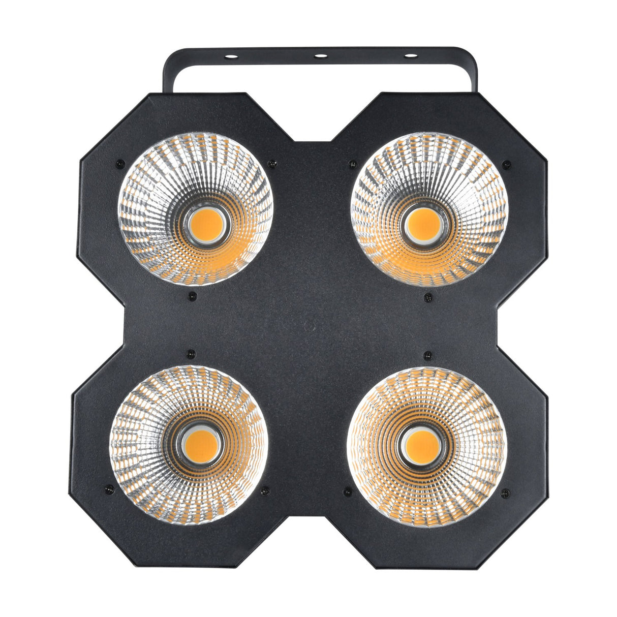 QTX 4x50W LED wash light by AVSL with four white COB LEDs in a square matt black metal housing and top mounting bracket on a plain background.