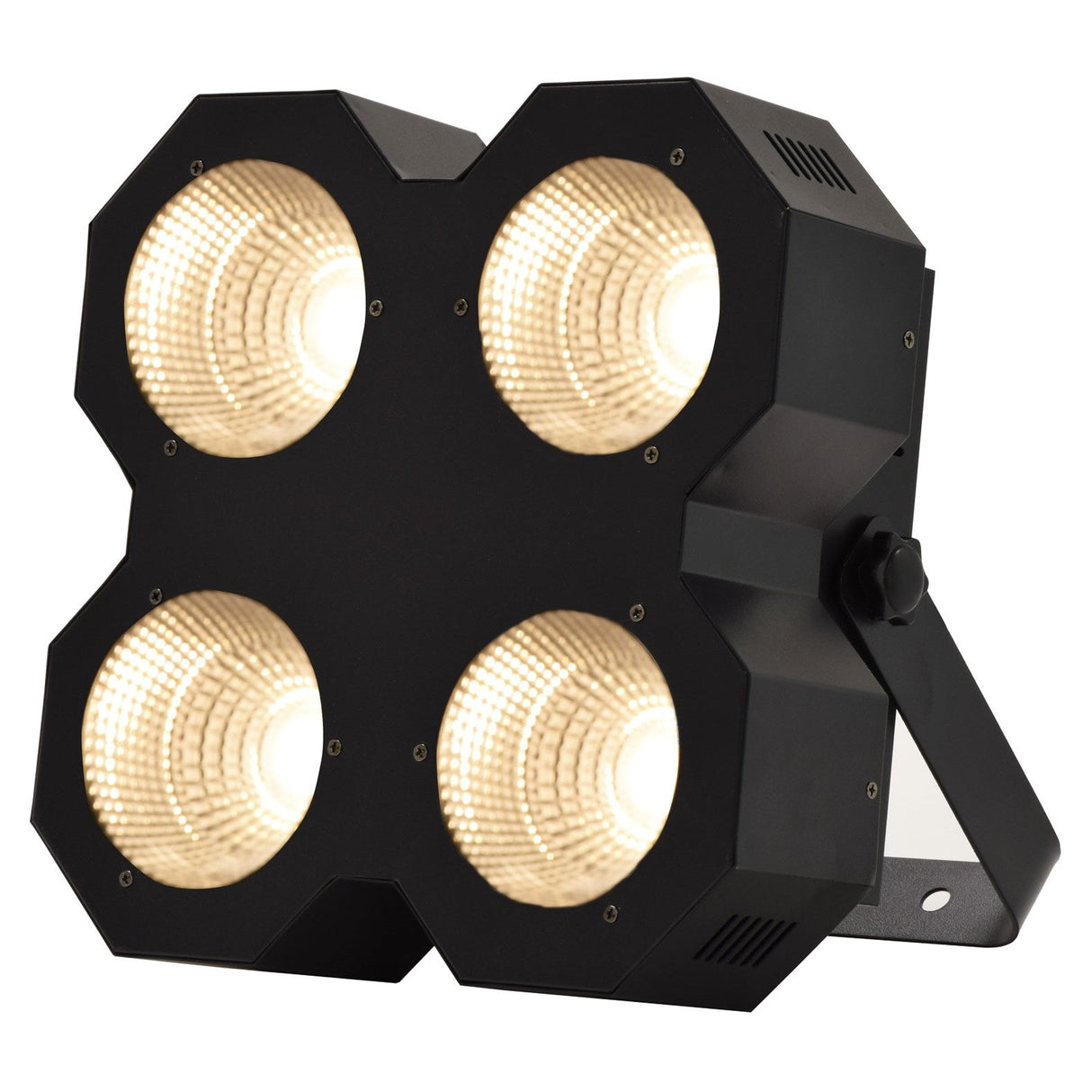 The QTX 4x50W High Power LED Wash Light is a black fixture with four round LEDs in a square layout, mounted on an adjustable stand—ideal for stage lighting and DMX compatible.