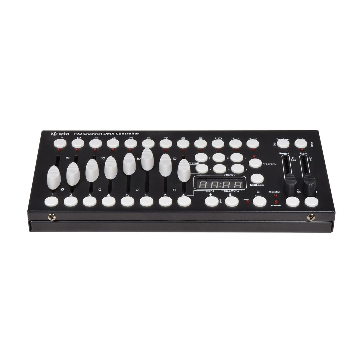 QTX 192 Channel DMX Lighting Controller by AVSL, a compact black desktop unit with white faders, buttons and central LED display, on a white background.