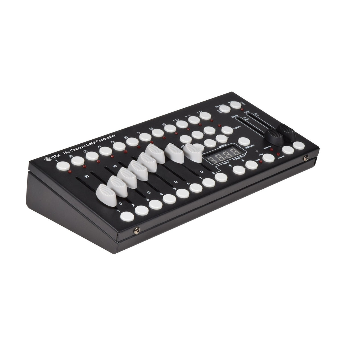 QTX 192 Channel DMX Lighting Controller by AVSL, a black desktop unit with white faders, scene buttons, LED display and speed slider on a white background.