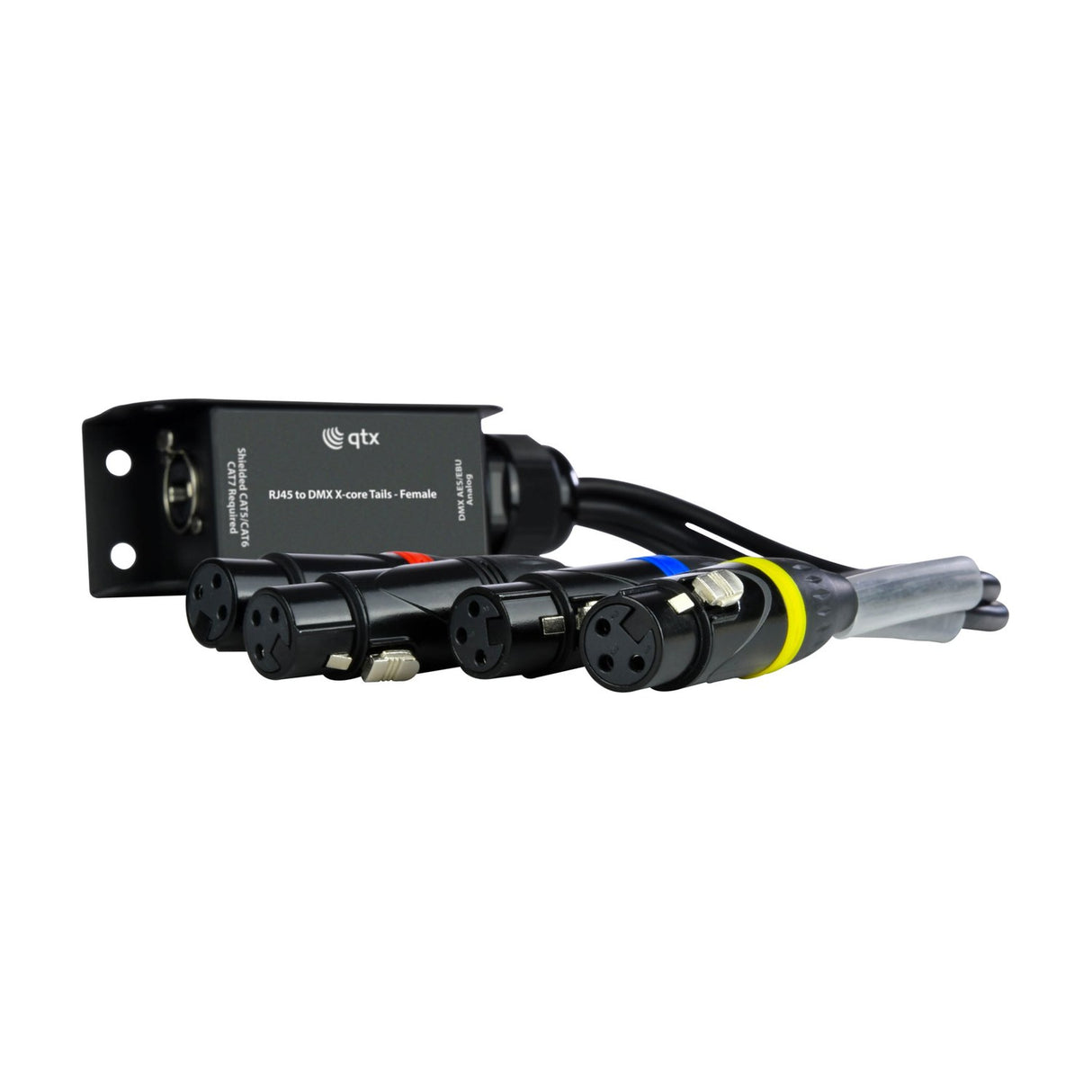 QTX RJ45 to DMX X-core adaptor with four colour-coded female XLR tails and steel mounting bracket, shown on a white background.