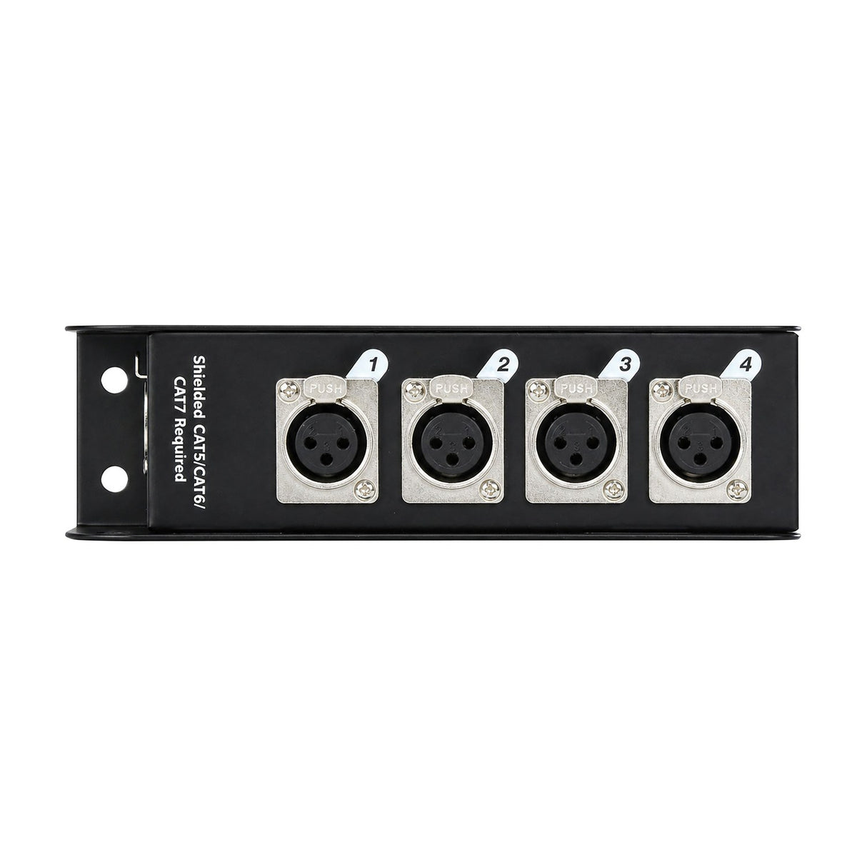 QTX RJ45 to DMX X-core adaptor box by AVSL with four numbered female XLR connectors in a black steel enclosure with side mounting brackets.