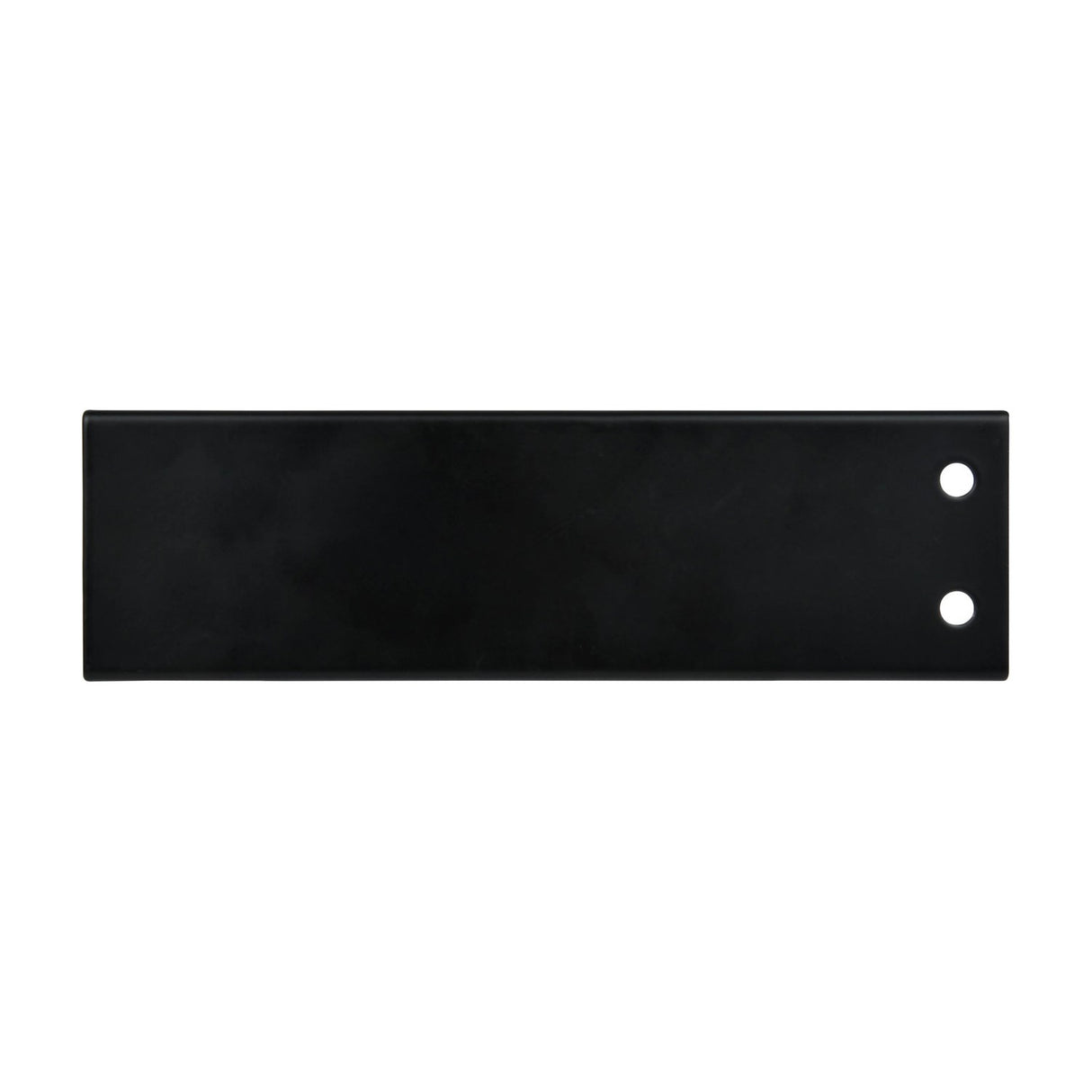 QTX RJ45 to DMX X-core adaptor box by AVSL shown from above, a slim black steel enclosure with two mounting holes on the right end.
