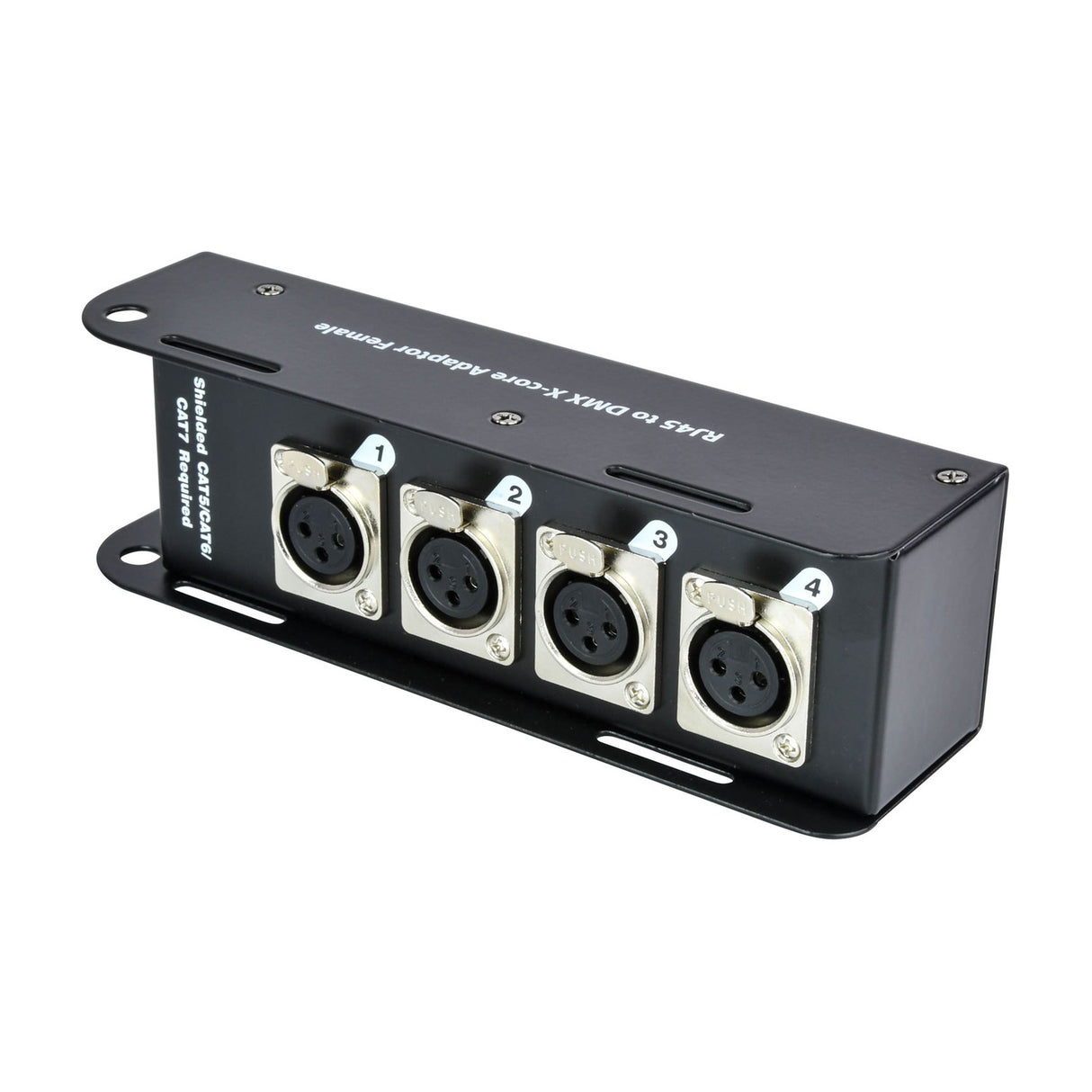 QTX RJ45 to DMX X-core adaptor box by AVSL with four numbered female XLR outputs in a black steel enclosure with mounting brackets, on a white background.