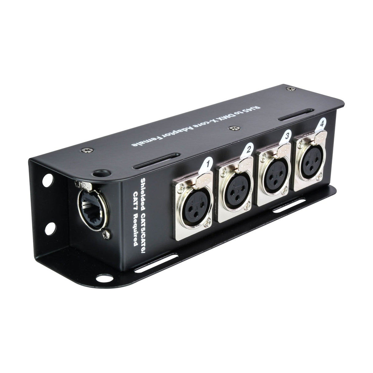 QTX RJ45 to DMX X-core adaptor box by AVSL with four numbered female XLR outputs and etherCON-style locking RJ45 port in black steel casing.