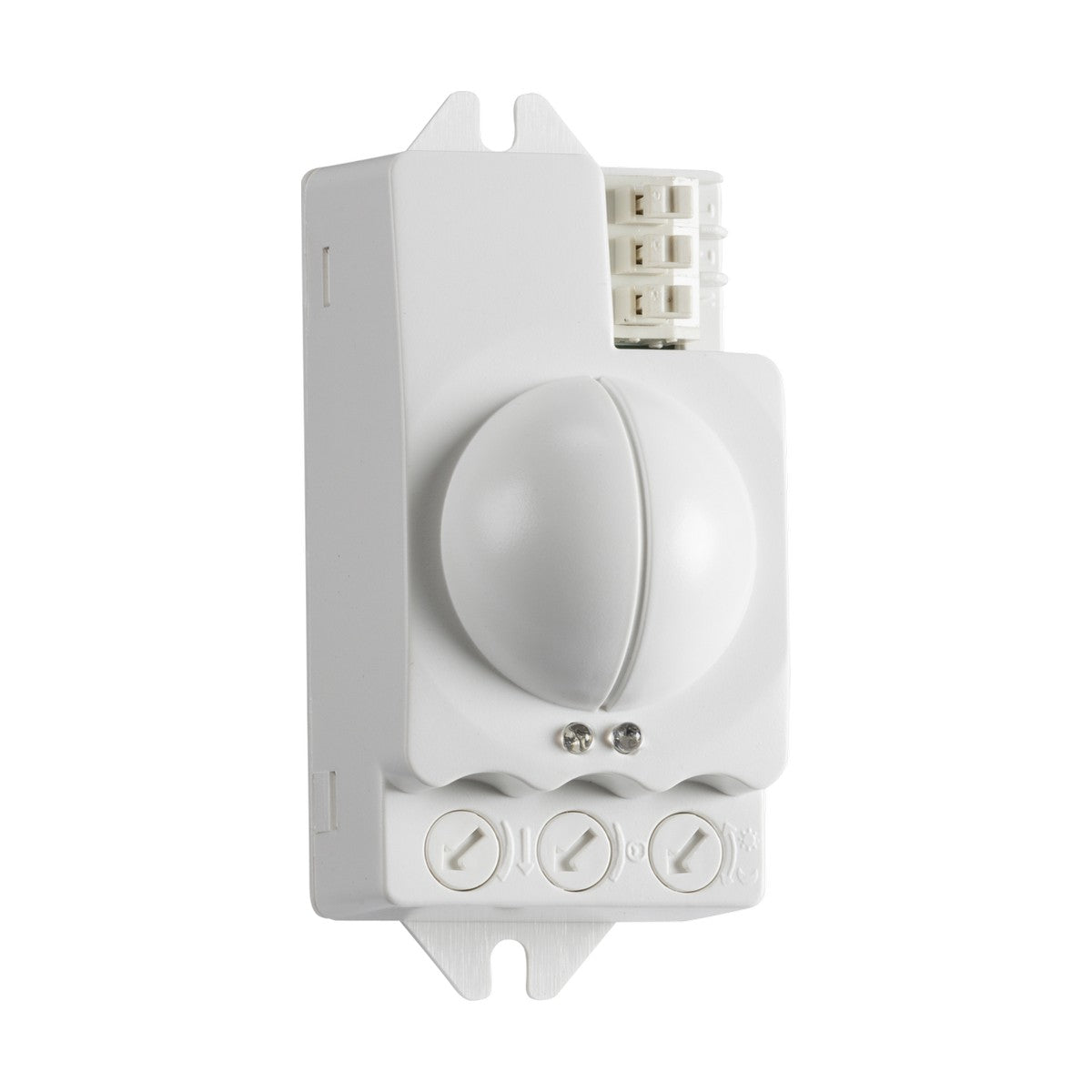 The image showcases the Microwave Sensor Max. 1000W, a sleek, white wall-mounted motion sensor featuring a spherical lens at its center. This daylight adjustable device includes three adjustment screws at the bottom, a small connector at the top right, and offers an IP20 rating for reliable indoor use.