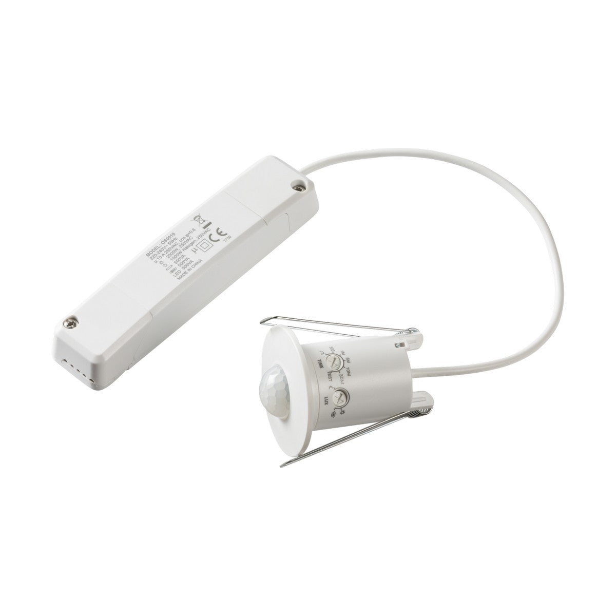 A white Mini PIR Sensor with Power Module 360°, designed for recess mounting, features an adjustable settings knob and a connected rectangular control unit. Set on a plain white background, this device is perfect for indoor use, providing optimal motion detection in any space.