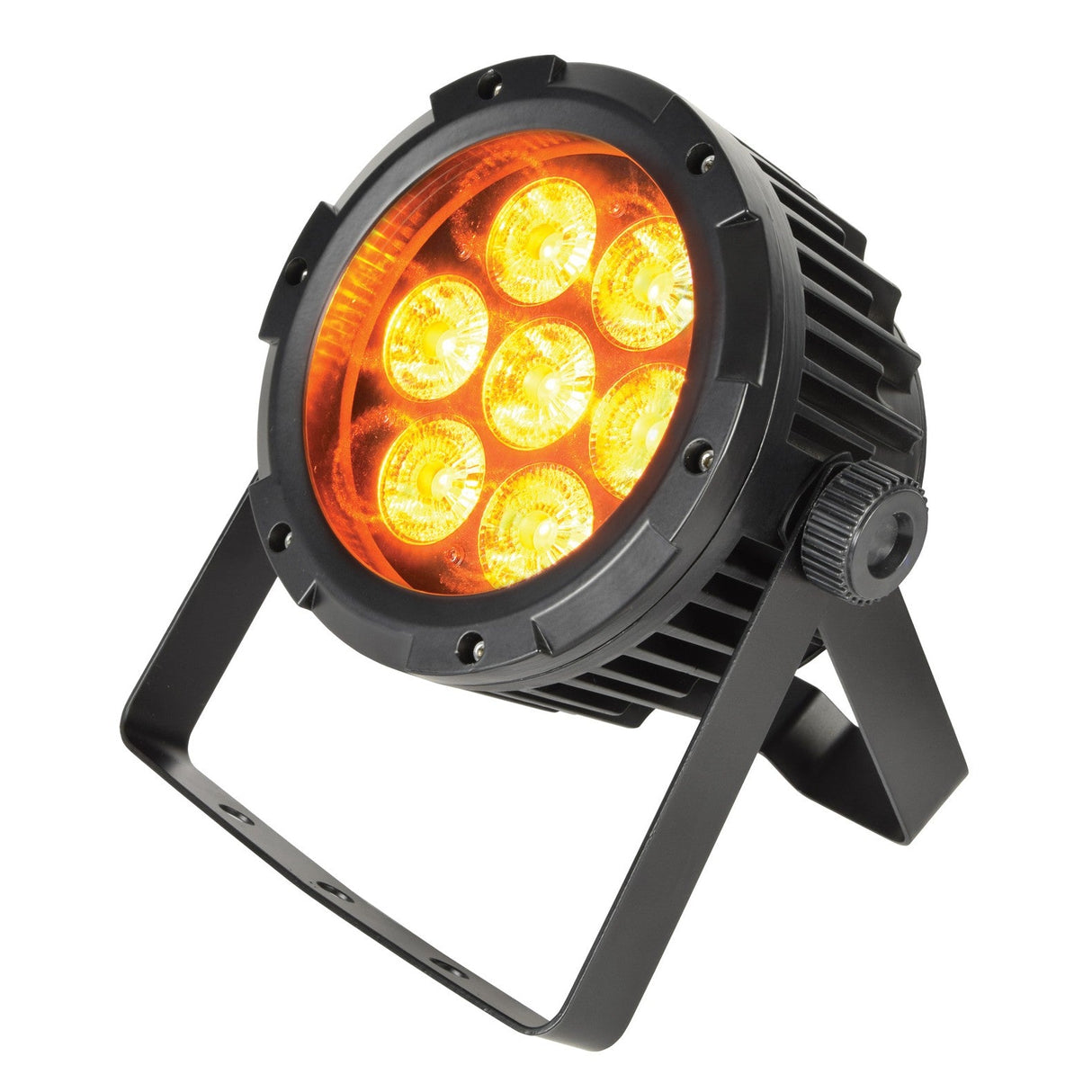 The QTX IP65 7x15W LED Par Can Light - RGBWA is a black, weatherproof stage spotlight with seven circular LEDs, mounted on an adjustable bracket and angled upward—perfect for vibrant outdoor event lighting.