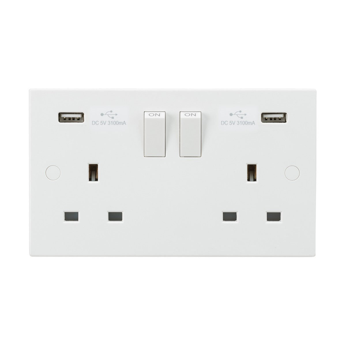 13A 2 Gang SP Switched Socket With Dual USB - White