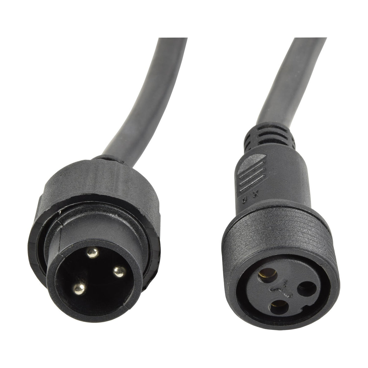QTX HIPAR 3m IP65 power extension lead by AVSL showing black moulded male and female 3-pin weatherproof connectors with ribbed grips on rubber cable.