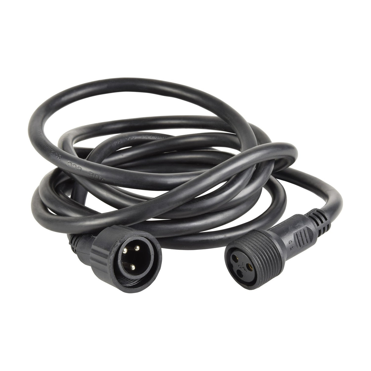 QTX HIPAR-10M-PEXL 10m waterproof power extension lead coiled in black rubber with male and female IP65 threaded connectors on a white background.