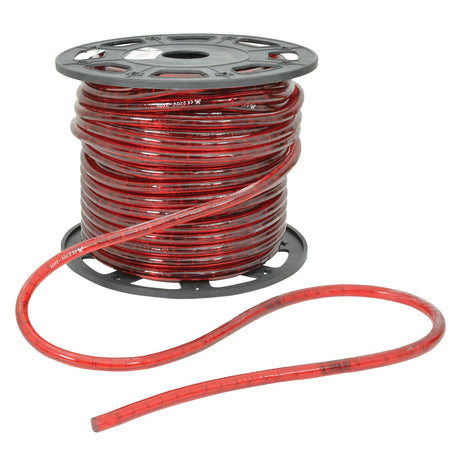 A coil of the LYYT 230V IP44 LED Rope Light in red, with black text, is neatly wrapped around a black reel. A segment of the rope light extends from the spool, demonstrating its flexibility and thickness.