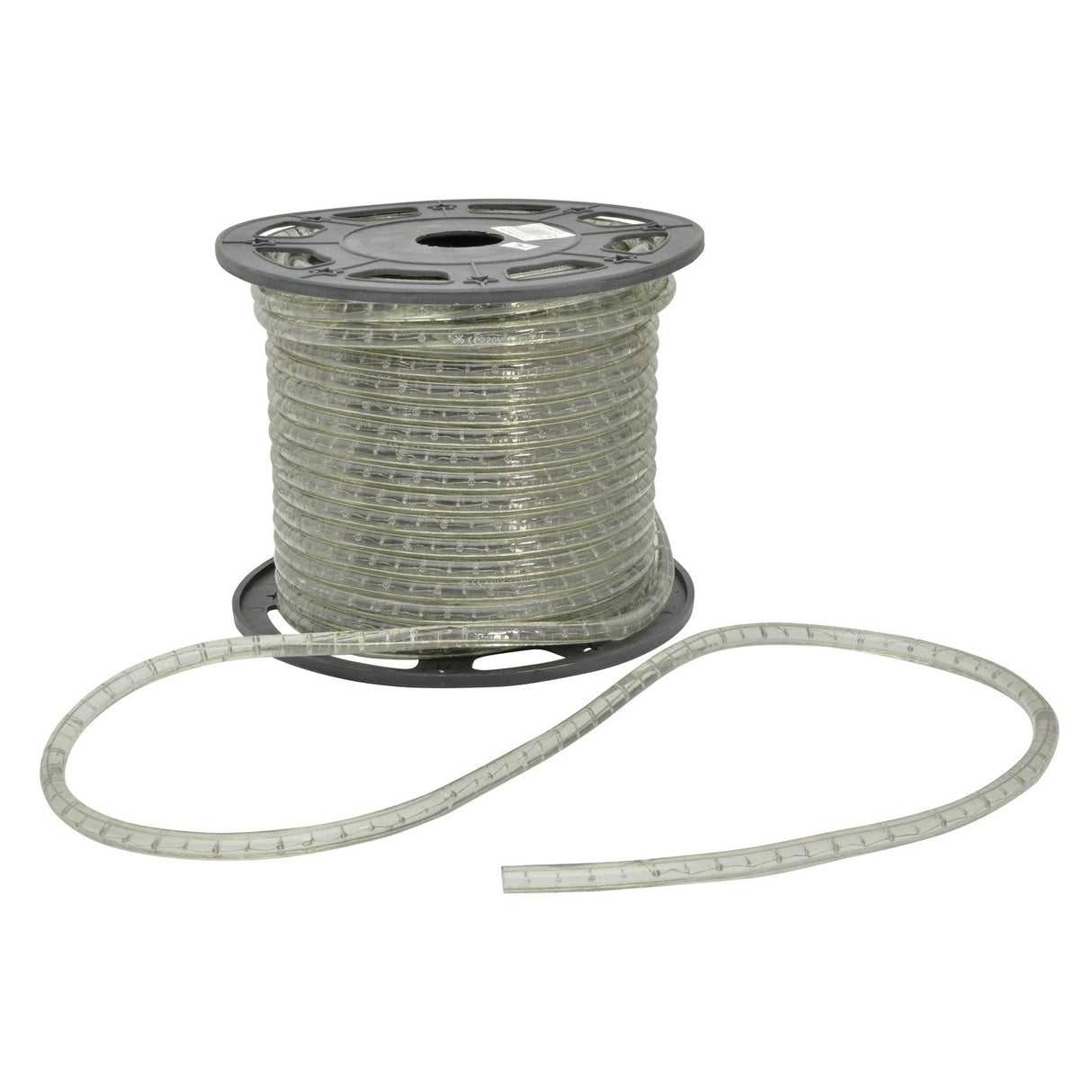 Partially unwound, the LYYT 230V IP44 LED Rope Light 1m - Clear is coiled neatly around its spool. A section extends outward, showcasing the dimmable embedded bulbs along the flexible strip.