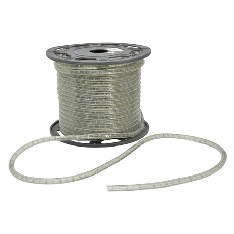 Partially unwound, the LYYT 230V IP44 LED Rope Light 1m - Clear is coiled neatly around its spool. A section extends outward, showcasing the dimmable embedded bulbs along the flexible strip.
