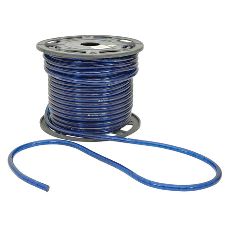 A neatly coiled section of the LYYT 230V IP44 LED Rope Light 1m in blue, partially unwound on a white background, features a transparent casing with black markings that enhance its sleek design and potential weather-resistant characteristics for outdoor applications.